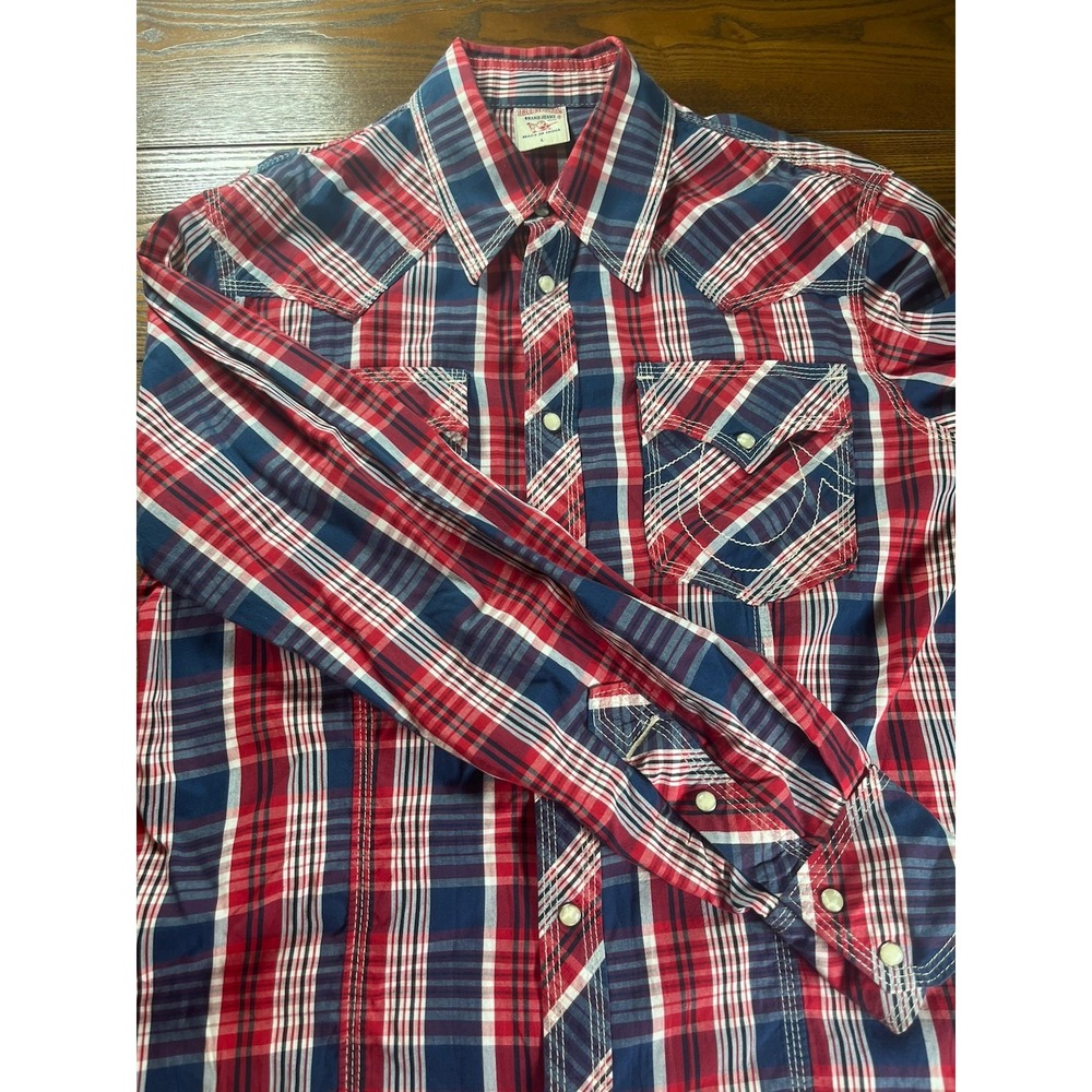 True Religion Western Plaid Shirt L Pearl Snap Horseshoe Logo Red White Blue EUC